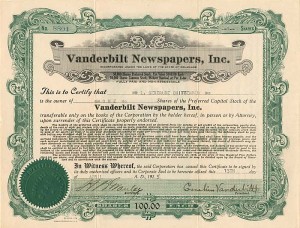 Vanderbilt Newspapers, Inc. signed by Cornelius Vanderbilt III - Stock Certificate